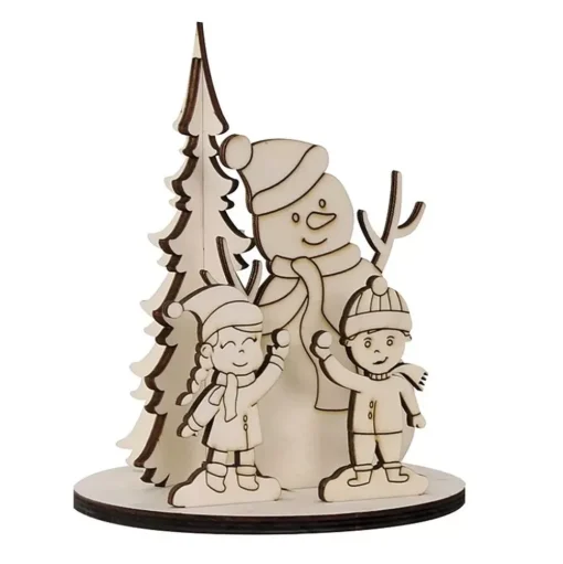 Bodegón de Madera Escena de Navidad Niños con Muñeco de Nieve Artis Decor