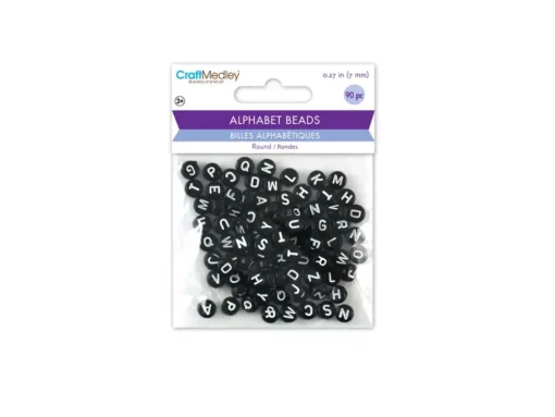 Cuentas Redondas Negras con Abecedario en Blanco MultiCraft 7mm