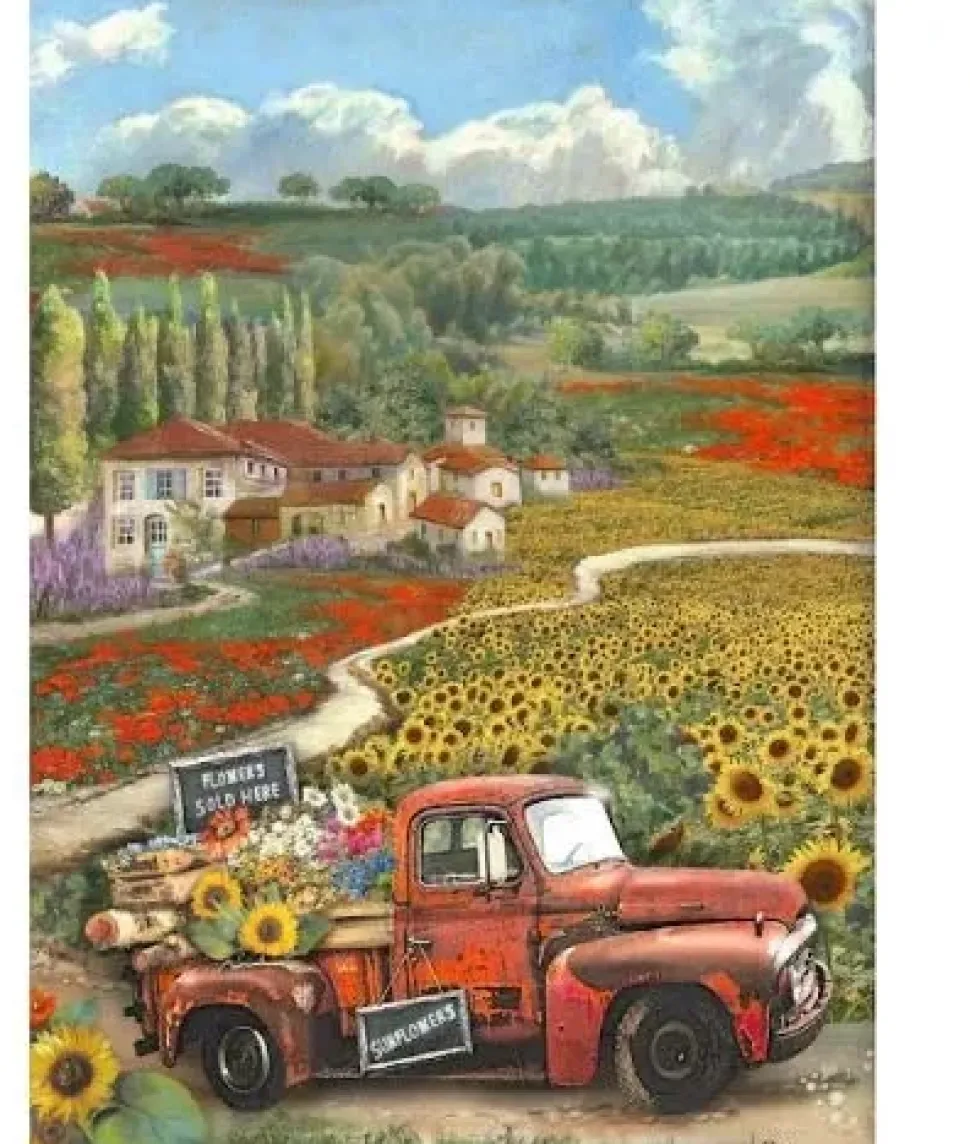 Papel de arroz Vintage car Sunflower Art Stamperia 21x29,7cm