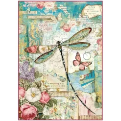Papel de arroz Wonderland libélula Stampería 21x29,7cm