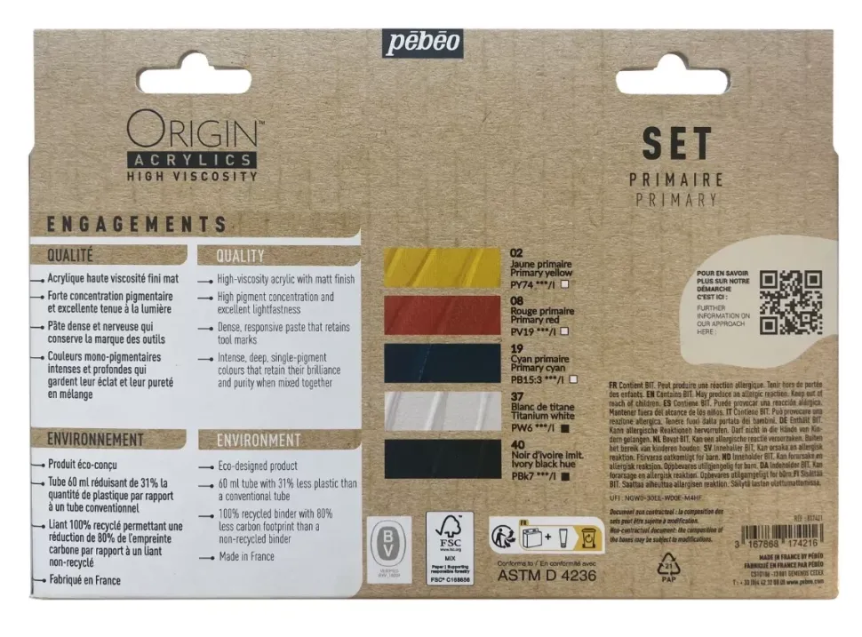 Set 5 acrílicos ecológicos primarios Origin Pebeo 60ml