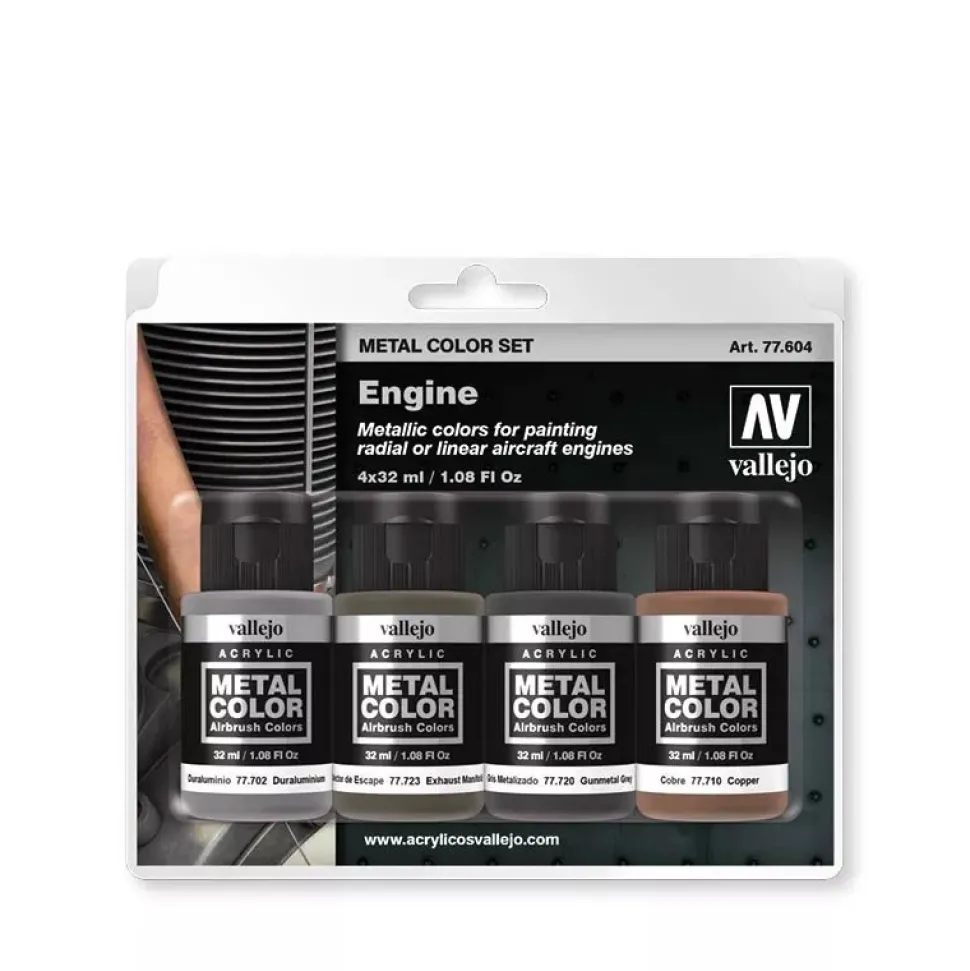 Set 4 pinturas para modelismo 604 Engine Metal Color Vallejo 32ml