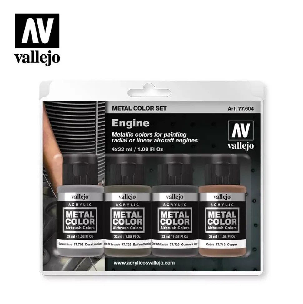 Set 4 pinturas para modelismo 604 Engine Metal Color Vallejo 32ml