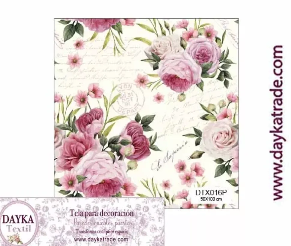 Tela para Decoración #16 Flores rosas con escritos 50x100cm. Dayka