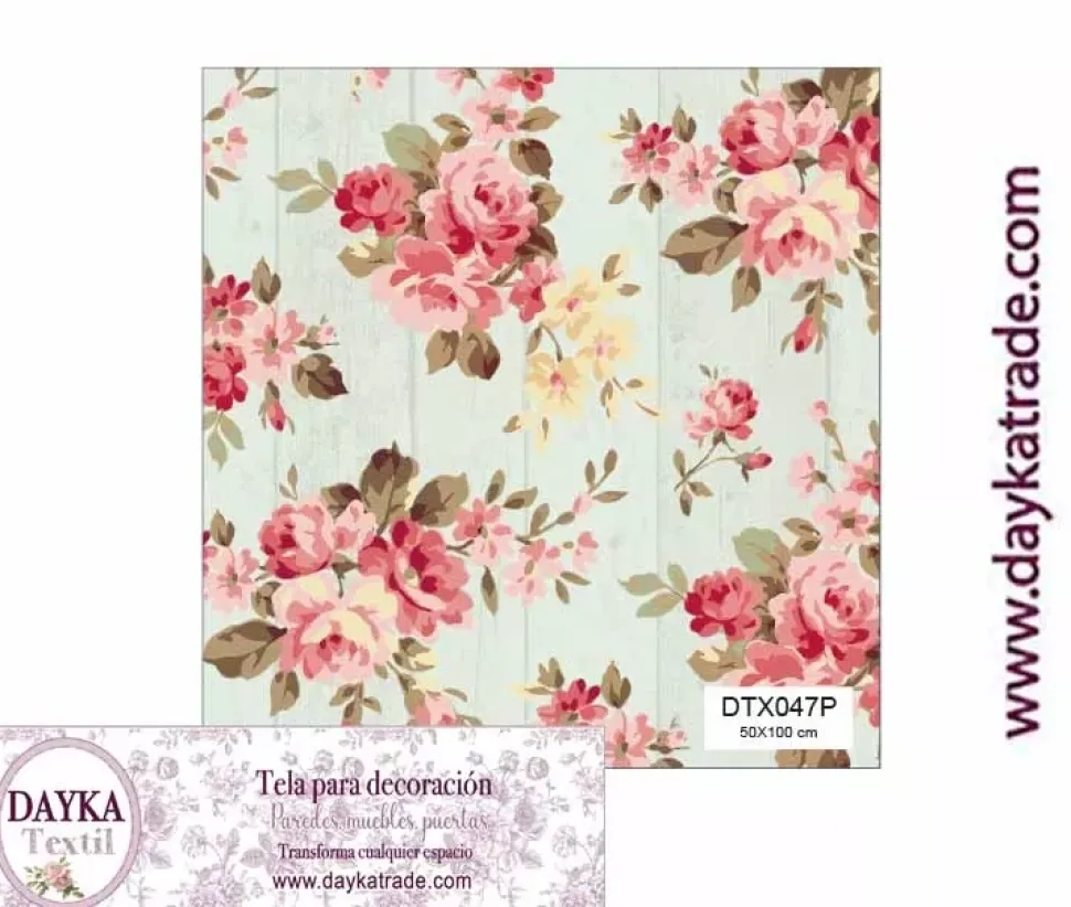 Tela para Decoración #47 Flores sobre tabla de madera verde 50x100cm.Dayka